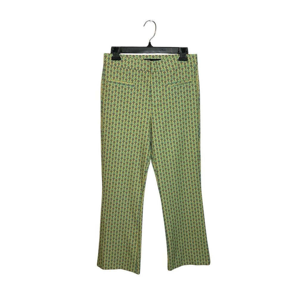 ZARA green and yellow geometric floral high-rise flare pants - M
